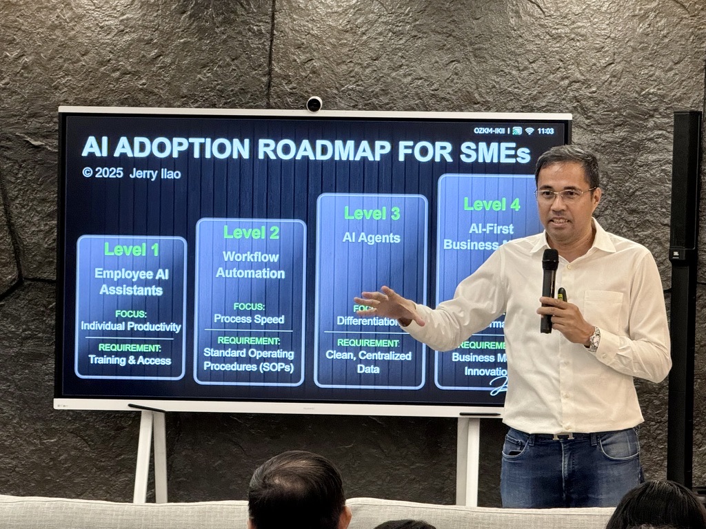 Jerry Ilao teaching the AI adoption roadmap levels to a business audience