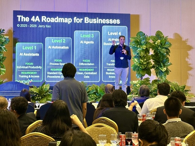 Jerry Ilao presenting The 4A AI Roadmap to a full ballroom audience